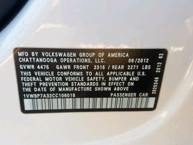 1VWBP7A32CC106018 - 2012 VOLKSWAGEN PASSAT SE WHITE photo 10