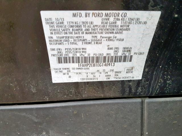 1FAHP2E81EG140913 - 2014 FORD TAURUS SEL BLACK photo 10