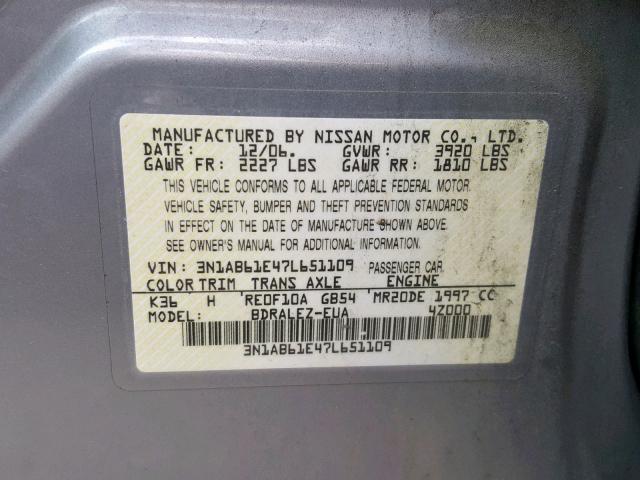 3N1AB61E47L651109 - 2007 NISSAN SENTRA 2.0 SILVER photo 10