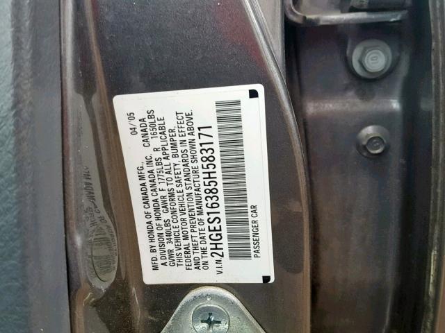 2HGES16385H583171 - 2005 HONDA CIVIC DX V GRAY photo 10