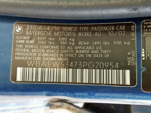 WBAEW53473PG20954 - 2003 BMW 330 XI BLUE photo 10