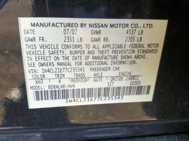 1N4CL21E77C235343 - 2007 NISSAN ALTIMA HYB BLACK photo 10