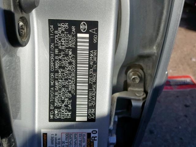 JTDBR32E852066817 - 2005 TOYOTA COROLLA CE SILVER photo 10