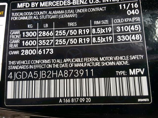 4JGDA5JB2HA873911 - 2017 MERCEDES-BENZ GLE 350 BLACK photo 10