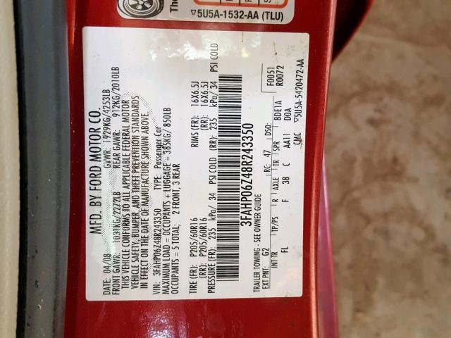 3FAHP06Z48R243350 - 2008 FORD FUSION S RED photo 10