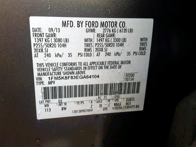 1FM5K8F83EGA64104 - 2014 FORD EXPLORER L GRAY photo 10