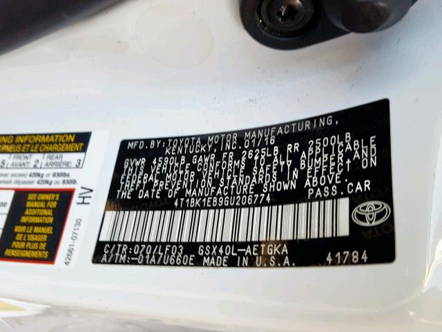 4T1BK1EB9GU206774 - 2016 TOYOTA AVALON XLE WHITE photo 10