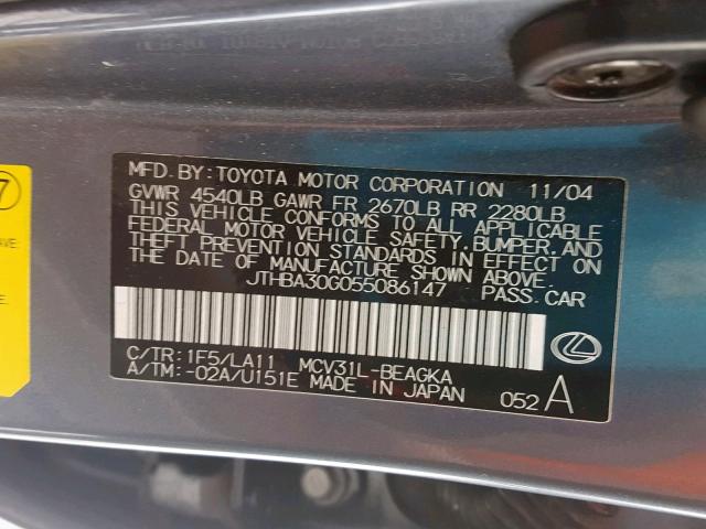 JTHBA30G055086147 - 2005 LEXUS ES 330 BLUE photo 10