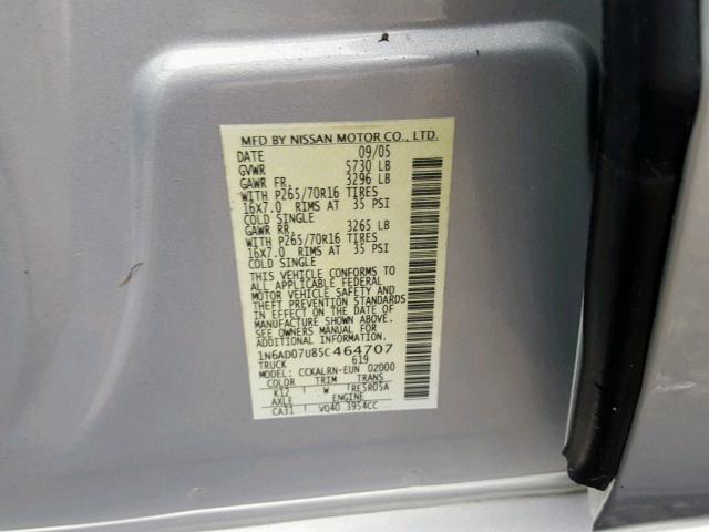 1N6AD07U85C464707 - 2005 NISSAN FRONTIER C SILVER photo 10