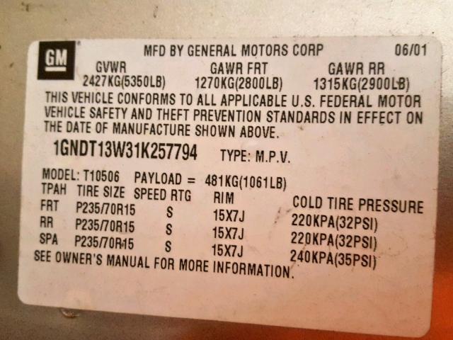 1GNDT13W31K257794 - 2001 CHEVROLET BLAZER SILVER photo 10