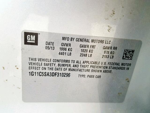 1G11C5SA3DF310296 - 2013 CHEVROLET MALIBU 1LT 银色 照片 10