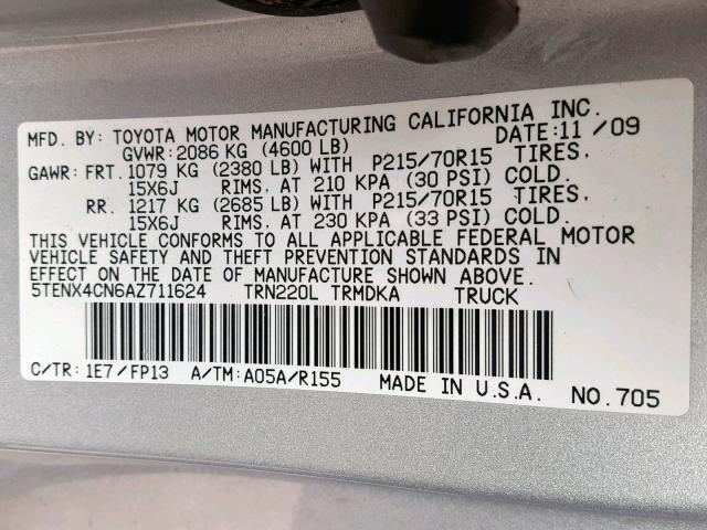 5TENX4CN6AZ711624 - 2010 TOYOTA TACOMA SILVER photo 10