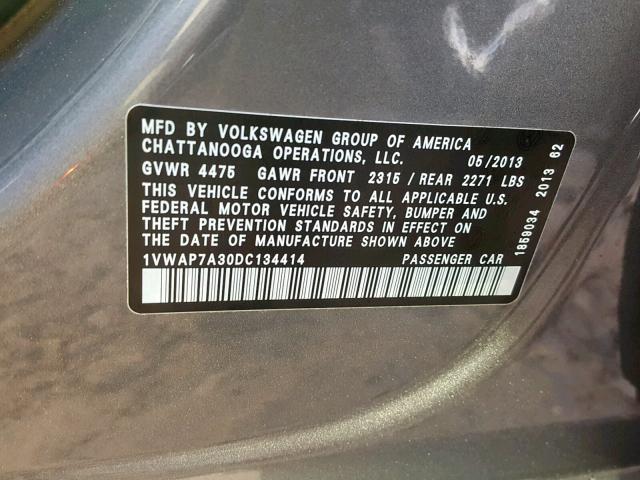 1VWAP7A30DC134414 - 2013 VOLKSWAGEN PASSAT S GRAY photo 10