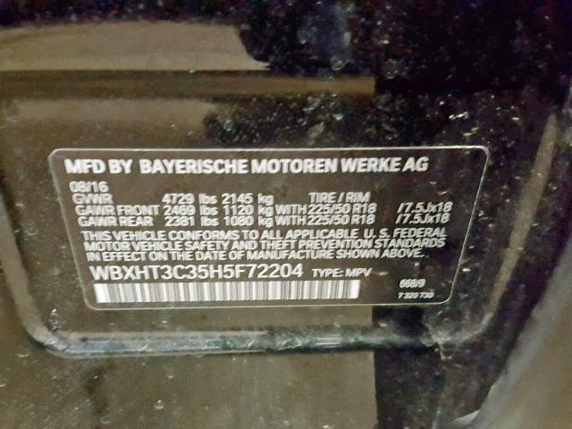 WBXHT3C35H5F72204 - 2017 BMW X1 XDRIVE2 BLACK photo 10