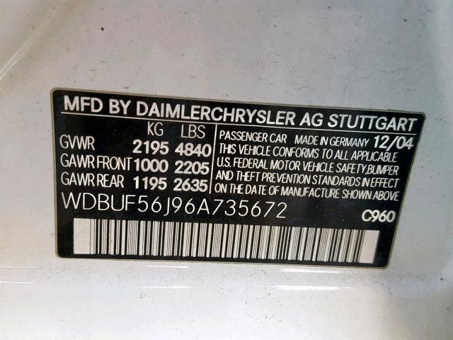 WDBUF56J96A735672 - 2006 MERCEDES-BENZ E 350 WHITE photo 10