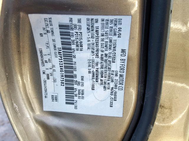 1FAFP552X4G197582 - 2004 FORD TAURUS SES TAN photo 10