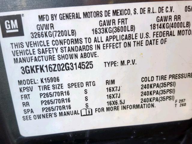 3GKFK16Z02G314525 - 2002 GMC YUKON XL K GRAY photo 10