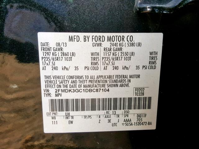 2FMDK3GC1DBC87104 - 2013 FORD EDGE SE BLACK photo 10