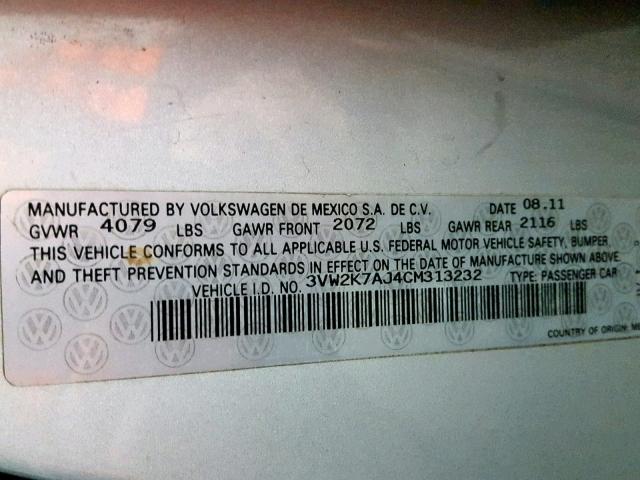 3VW2K7AJ4CM313232 - 2012 VOLKSWAGEN JETTA BASE Մոխրագույն լուսանկար 10