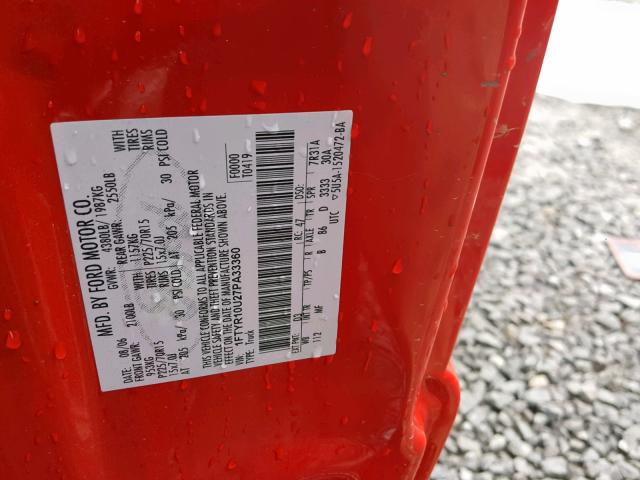 1FTYR10U27PA33360 - 2007 FORD RANGER RED photo 10