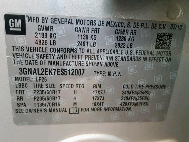 3GNAL2EK7ES512007 - 2014 CHEVROLET CAPTIVA LS ვერცხლისფერი ფოტო 10