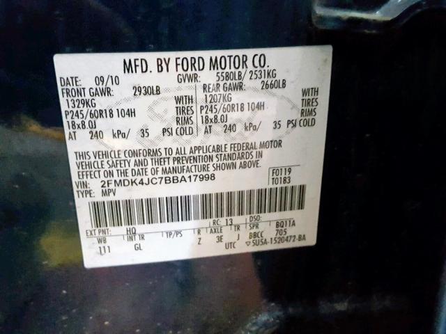 2FMDK4JC7BBA17998 - 2011 FORD EDGE SEL BLUE photo 10