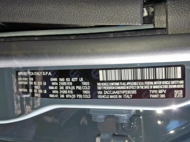 ZACCJAAB7HPE80365 - 2017 JEEP RENEGADE S GRAY photo 10