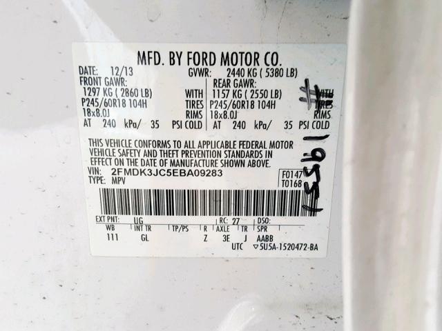 2FMDK3JC5EBA09283 - 2014 FORD EDGE SEL WHITE photo 10