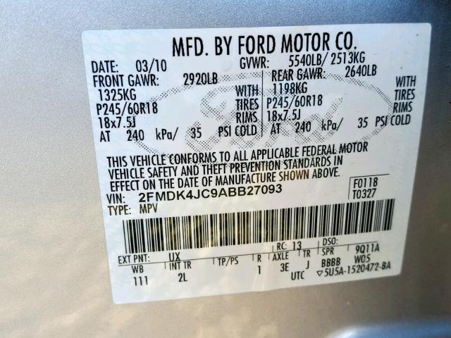 2FMDK4JC9ABB27093 - 2010 FORD EDGE SEL GRAY photo 10