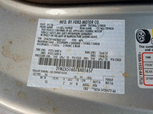 2FMZA51607BA01657 - 2007 FORD FREESTAR S SILVER photo 10