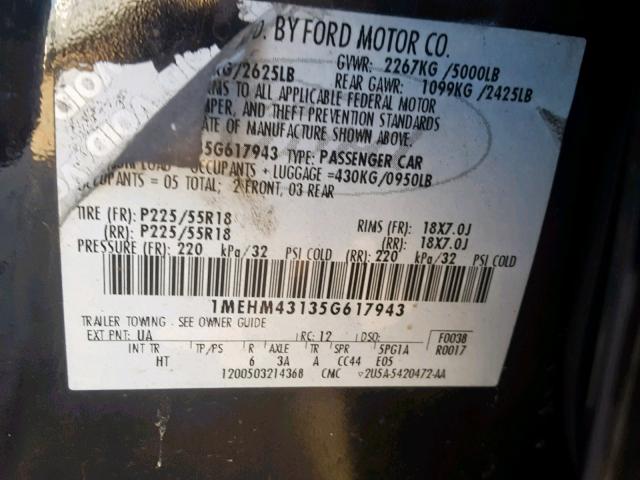 1MEHM43135G617943 - 2005 MERCURY MONTEGO PR 黑色 照片 10