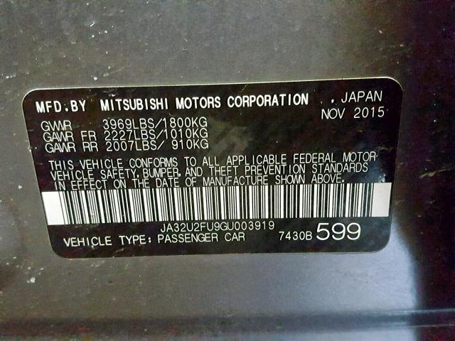 JA32U2FU9GU003919 - 2016 MITSUBISHI LANCER ES GRAY photo 10