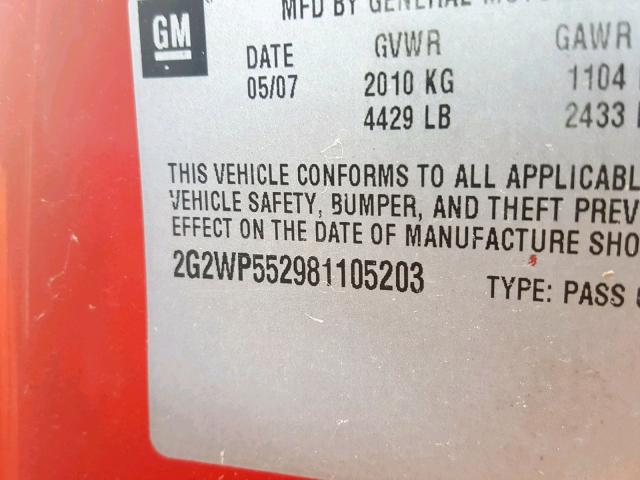 2G2WP552981105203 - 2008 PONTIAC GRAND PRIX RED photo 10