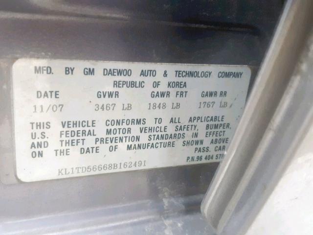 KL1TD56668B162491 - 2008 CHEVROLET AVEO BASE Сұр фото 10