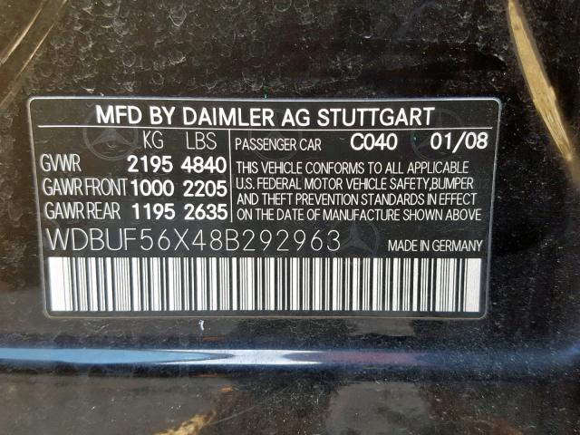 WDBUF56X48B292963 - 2008 MERCEDES-BENZ E 350 BLACK photo 10