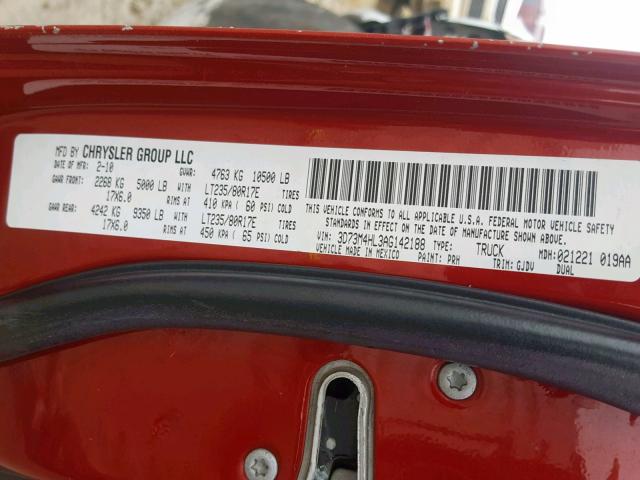 3D73M4HL3AG142188 - 2010 DODGE RAM 3500 RED photo 10