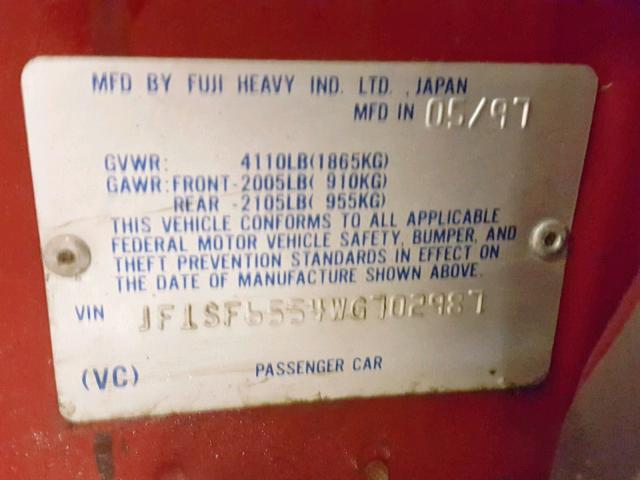 JF1SF6554WG702987 - 1998 SUBARU FORESTER S RED photo 10