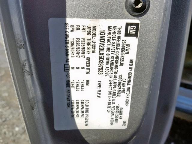 1GNDV23LX5D297533 - 2005 CHEVROLET UPLANDER L Gümüş foto 10