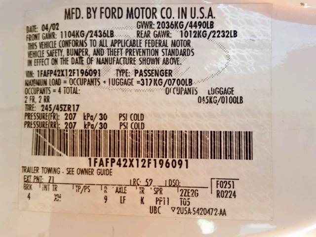 1FAFP42X12F196091 - 2002 FORD MUSTANG GT WHITE photo 10