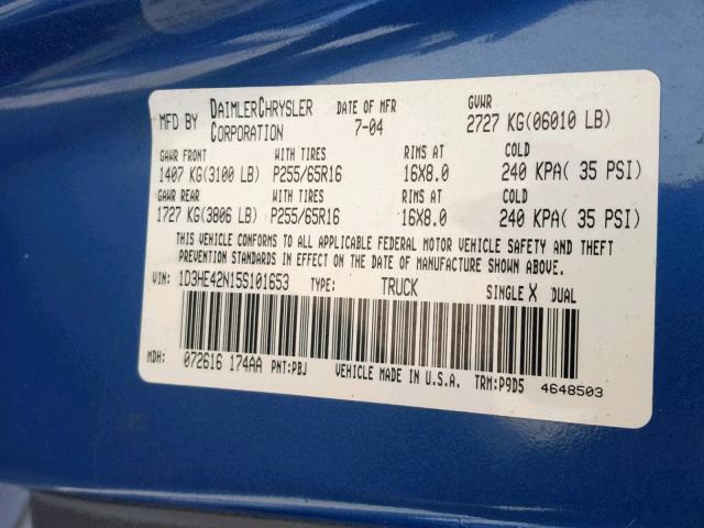 1D3HE42N15S101653 - 2005 DODGE DAKOTA SLT BLUE photo 10