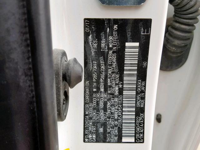 JTEBU5JR0H5418365 - 2017 TOYOTA 4RUNNER SR WHITE photo 10