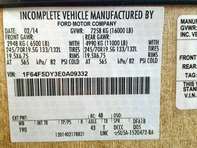 1F64F5DY3E0A09332 - 2014 FORD F53 TAN photo 10