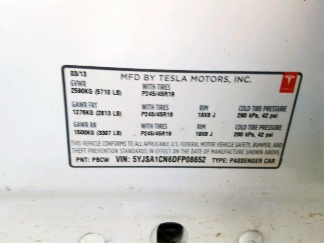 5YJSA1CN6DFP08652 - 2013 TESLA MODEL S WHITE photo 10