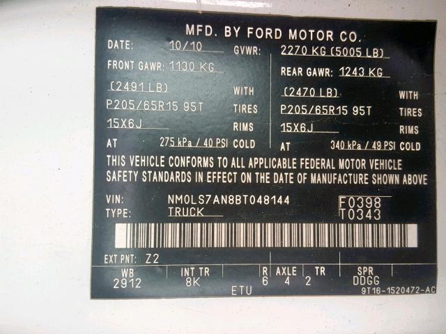 NM0LS7AN8BT048144 - 2011 FORD TRANSIT CO WHITE photo 10