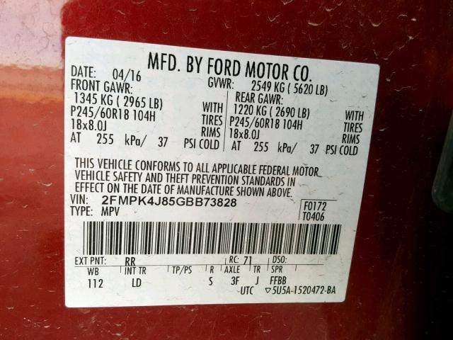 2FMPK4J85GBB73828 - 2016 FORD EDGE SEL RED photo 10