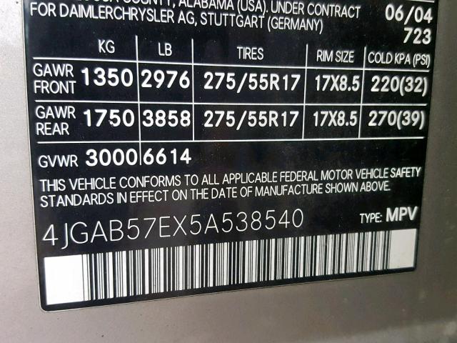 4JGAB57EX5A538540 - 2005 MERCEDES-BENZ ML 350 SILVER photo 10