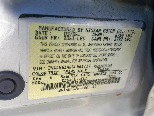 3N1AB51A66L585717 - 2006 NISSAN SENTRA SE- GRAY photo 10