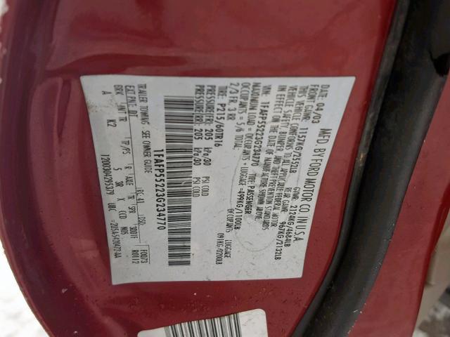 1FAFP55223G234770 - 2003 FORD TAURUS SES MAROON photo 10