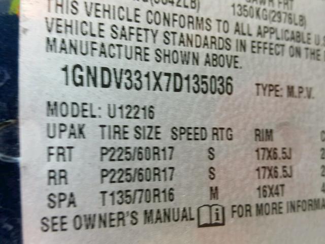 1GNDV331X7D135036 - 2007 CHEVROLET UPLANDER L Mavi foto 10