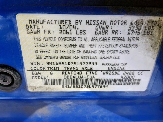 3N1AB51D75L477244 - 2005 NISSAN SENTRA SE- BLUE photo 10